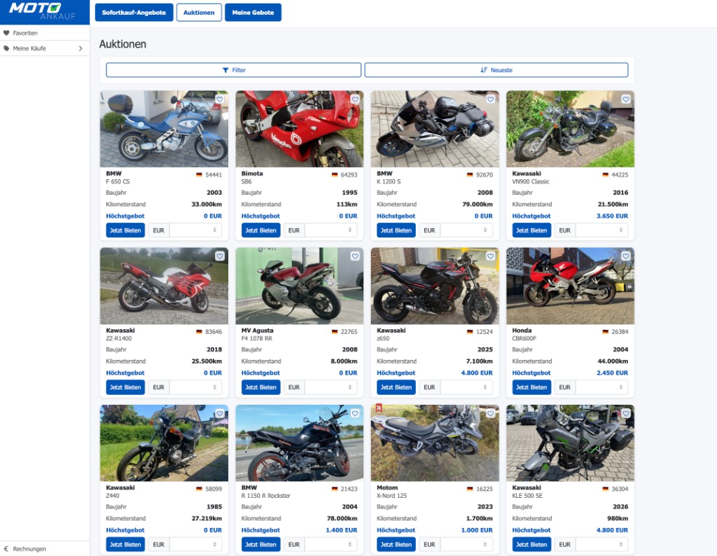 Moto-Ankauf Plattformansicht mit Auktionen