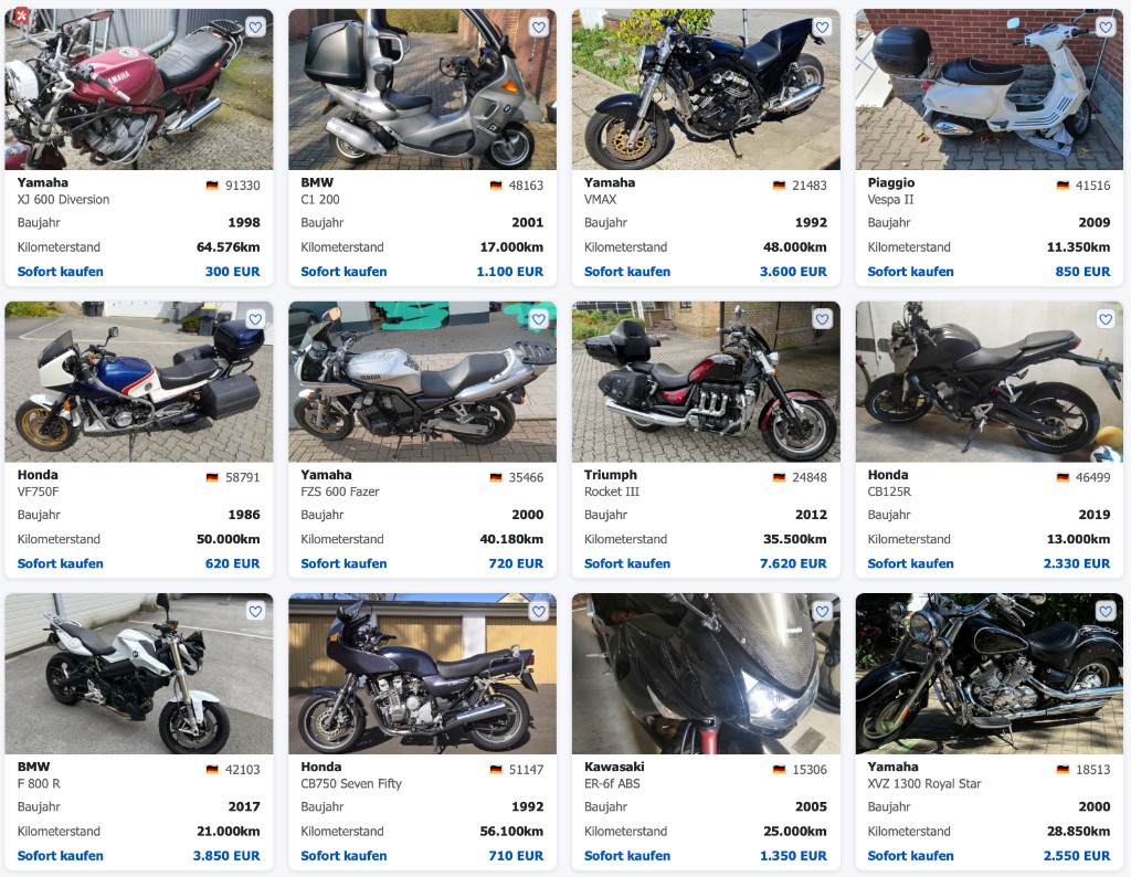 Moto-Ankauf Plattformansicht mit Sofortkauf-Angeboten